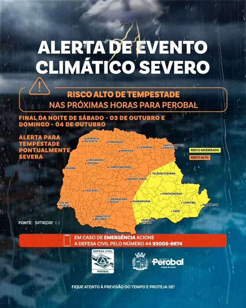 Defesa Civil alerta para risco de tempestades severas em Perobal